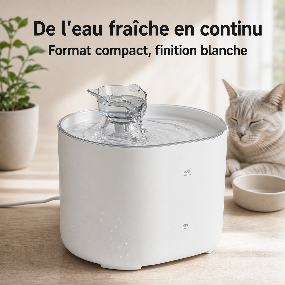 Fontaine à eau compacte blanche pour chat – 2,2 L — vue produit