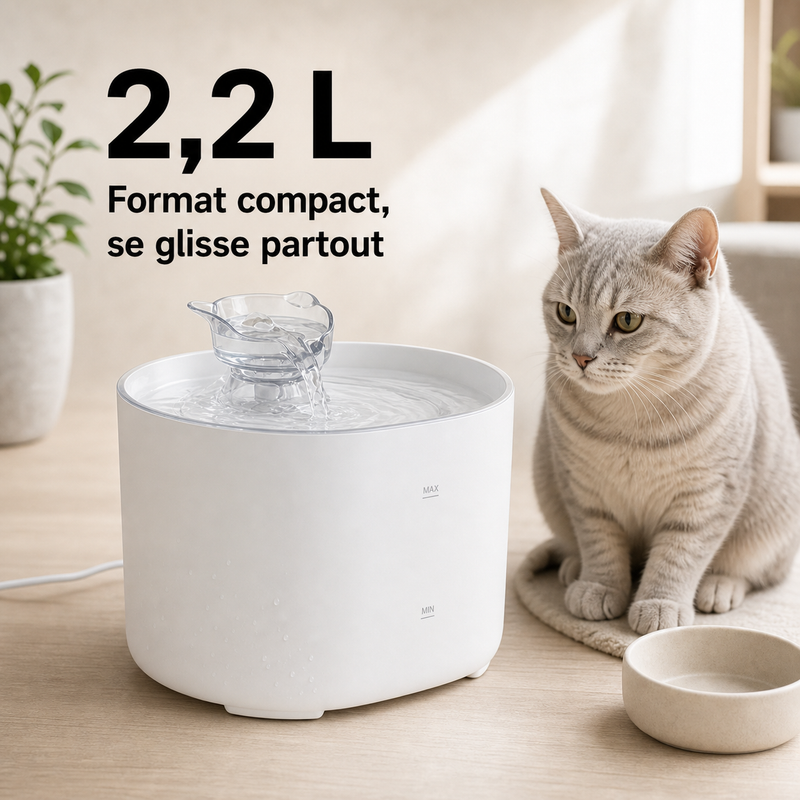 Format et capacité — Fontaine à eau compacte blanche pour chat – 2,2 L