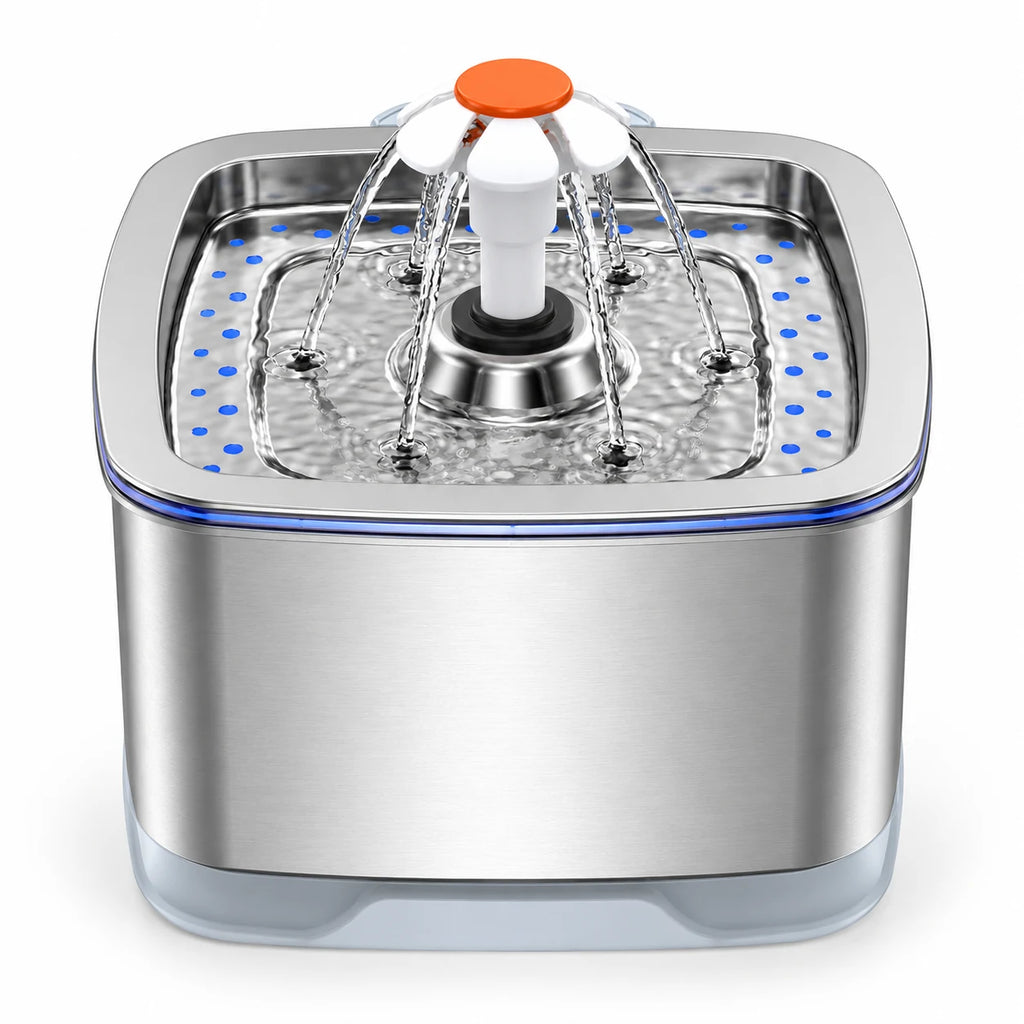 Fontaine à eau pour chat en inox carrée 2,5 L, fontaine fleur à jets en couronne avec liseré LED