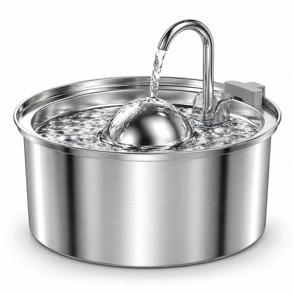 Fontaine à eau pour chat en inox ronde 3,2 L avec bec robinet et dôme cascade central