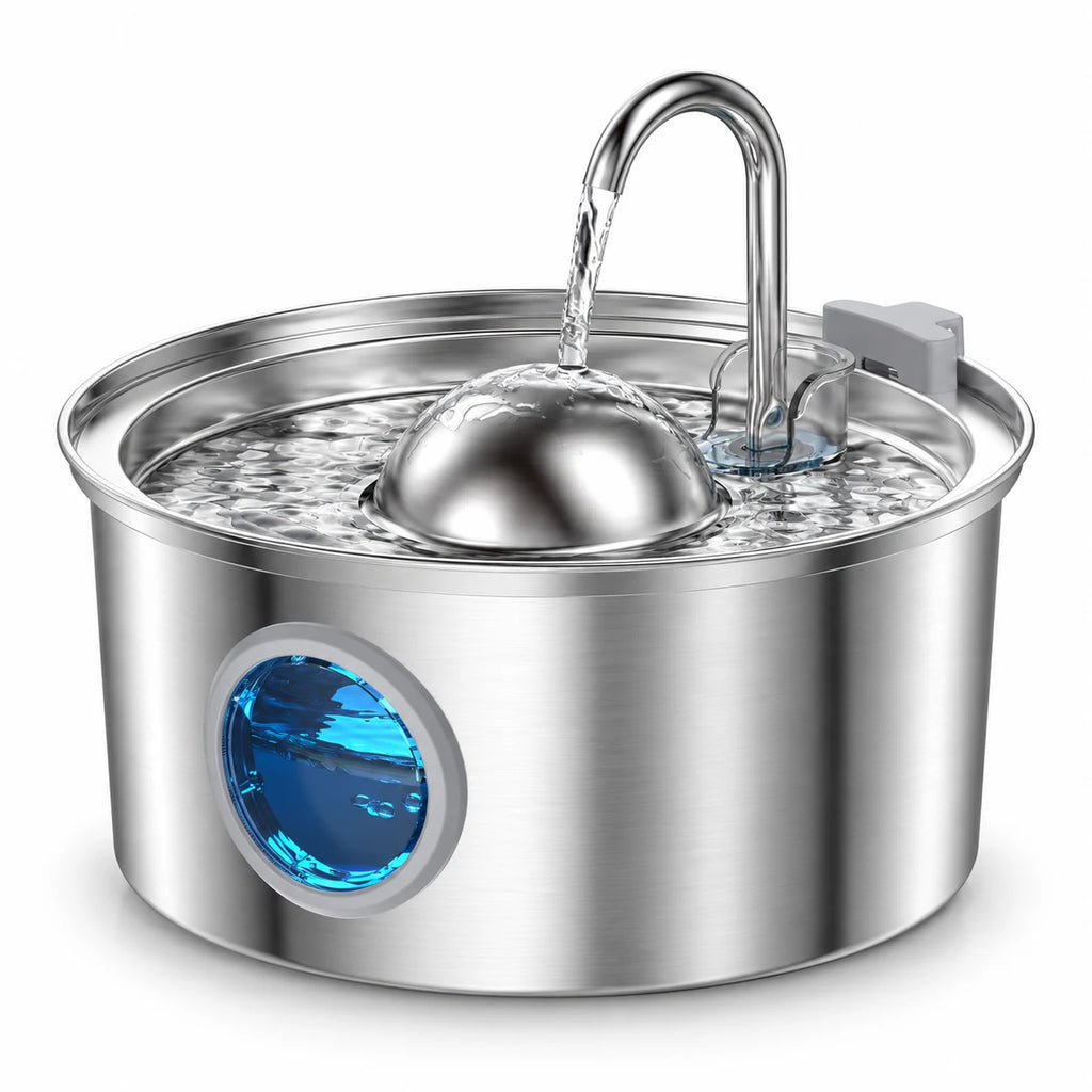 Fontaine à eau pour chat en inox ronde 3,2 L avec bec robinet, dôme cascade et hublot LED rond