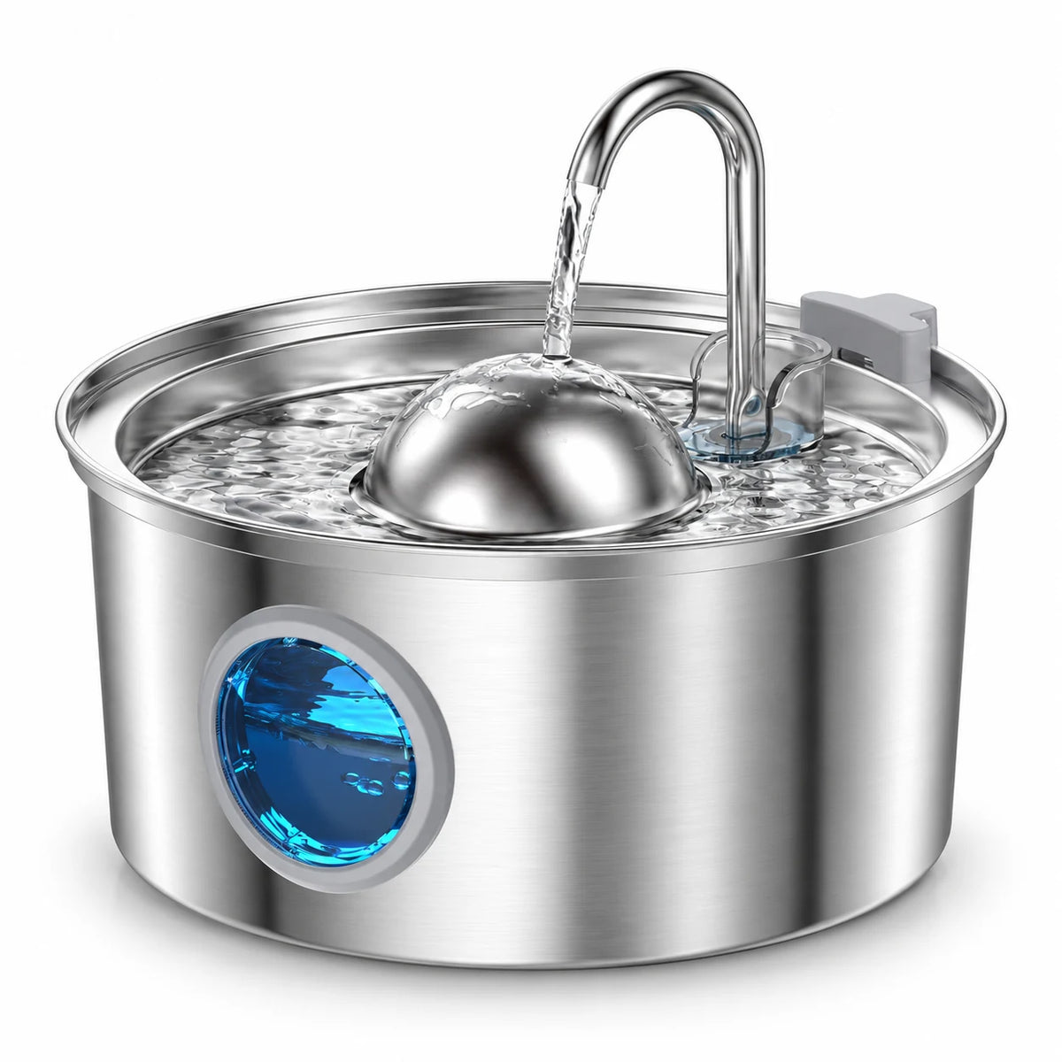 Fontaine à eau pour chat en inox ronde 3,2 L avec bec robinet, dôme cascade et hublot LED rond
