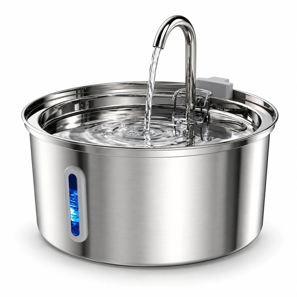 Fontaine à eau pour chat en inox ronde 3,2 L avec bec robinet et hublot LED