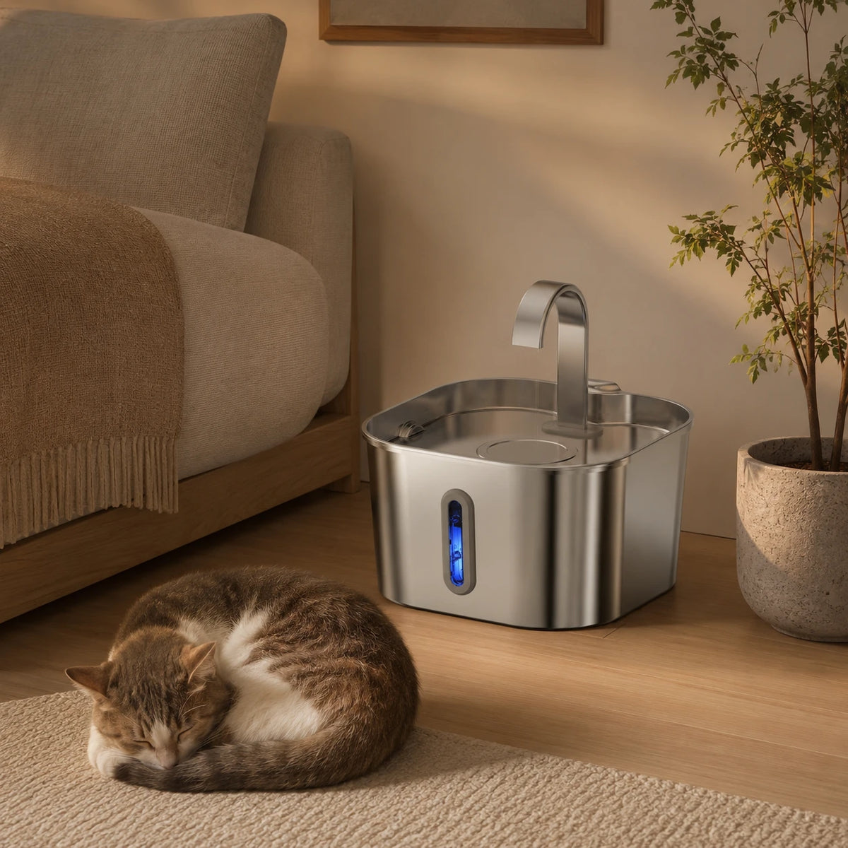 Fontaine inox bec robinet arche carrée 2,2 L - silencieuse, chat qui dort
