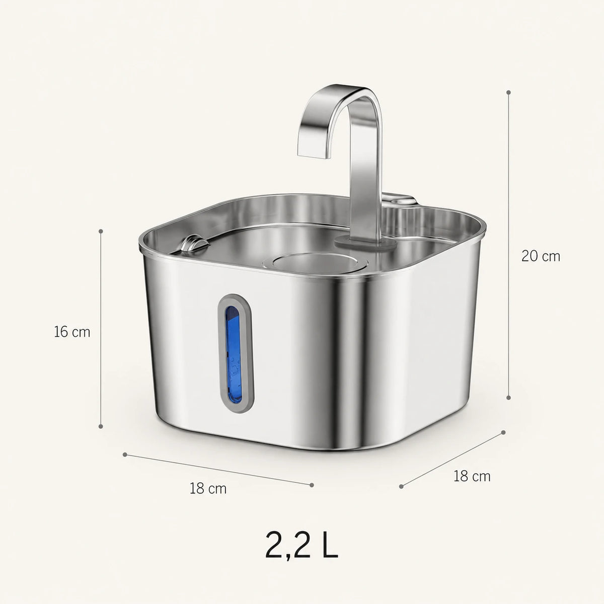 Fontaine inox bec robinet arche carrée 2,2 L - dimensions et contenance 2,2 L