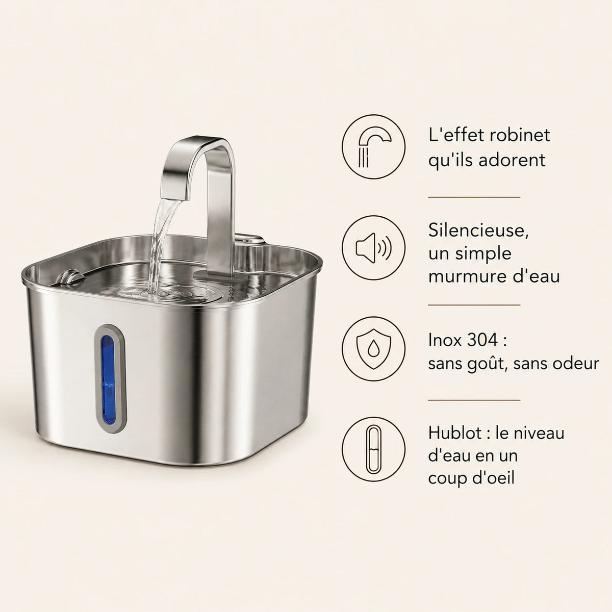 Fontaine inox bec robinet arche carrée 2,2 L - bénéfices