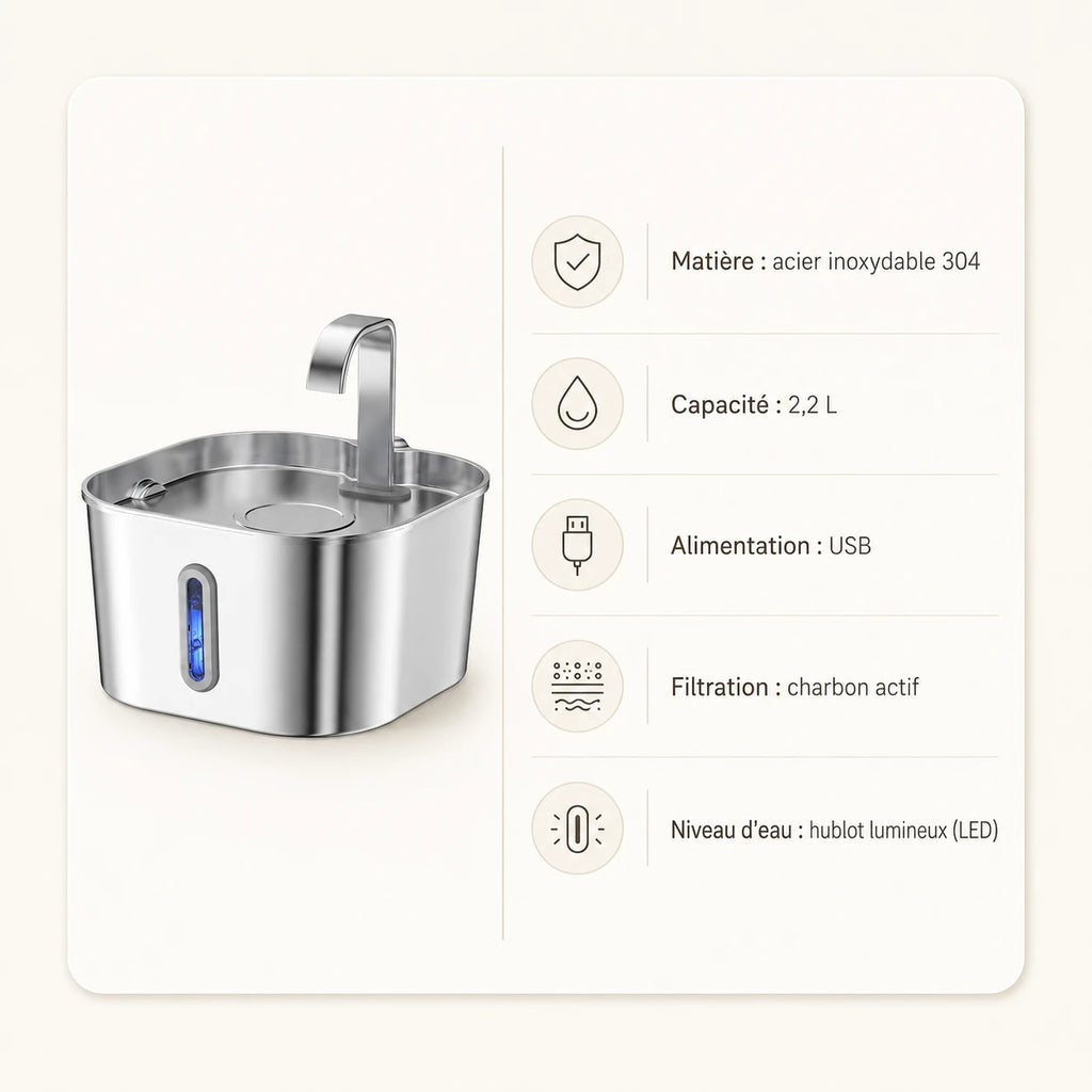 Fontaine inox bec robinet arche carrée 2,2 L - caractéristiques techniques