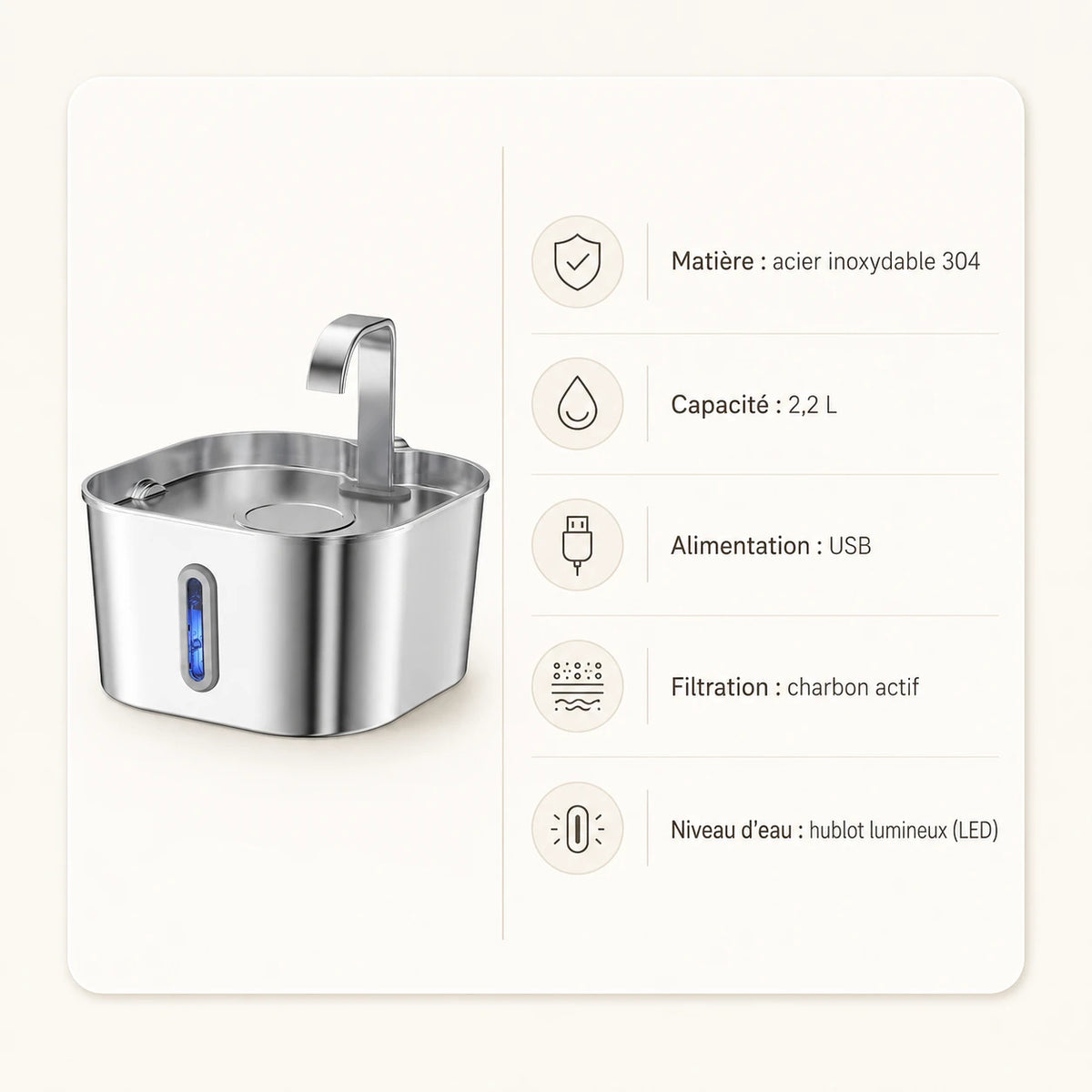 Fontaine inox bec robinet arche carrée 2,2 L - caractéristiques techniques