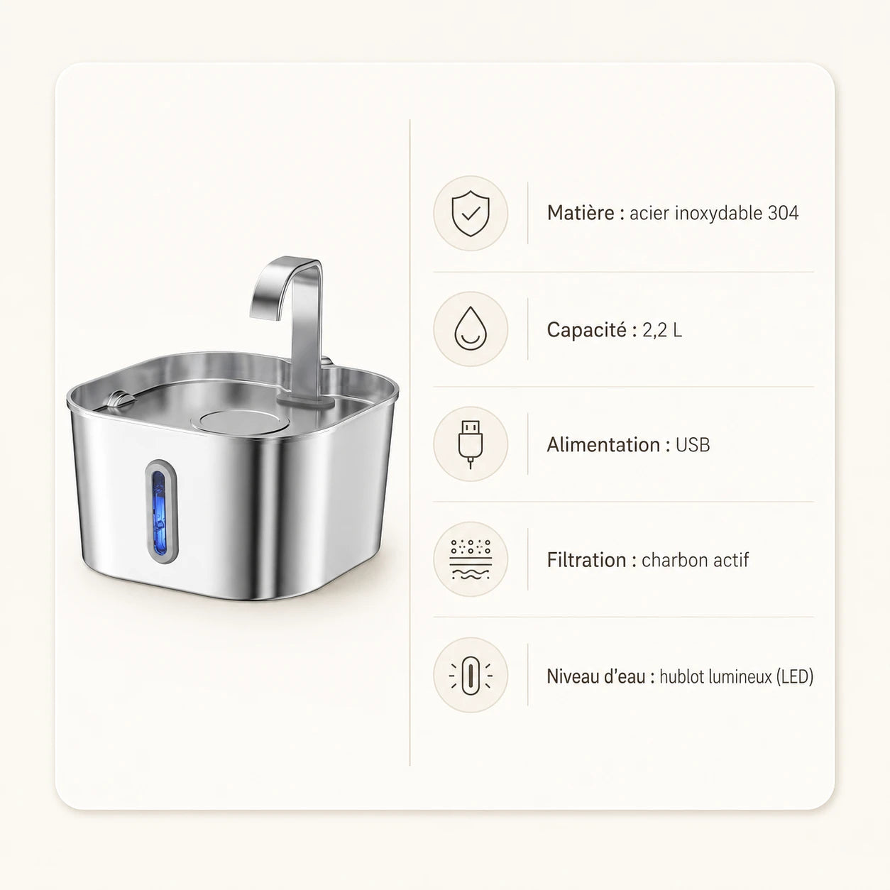 Fontaine inox bec robinet arche carrée 2,2 L - caractéristiques techniques