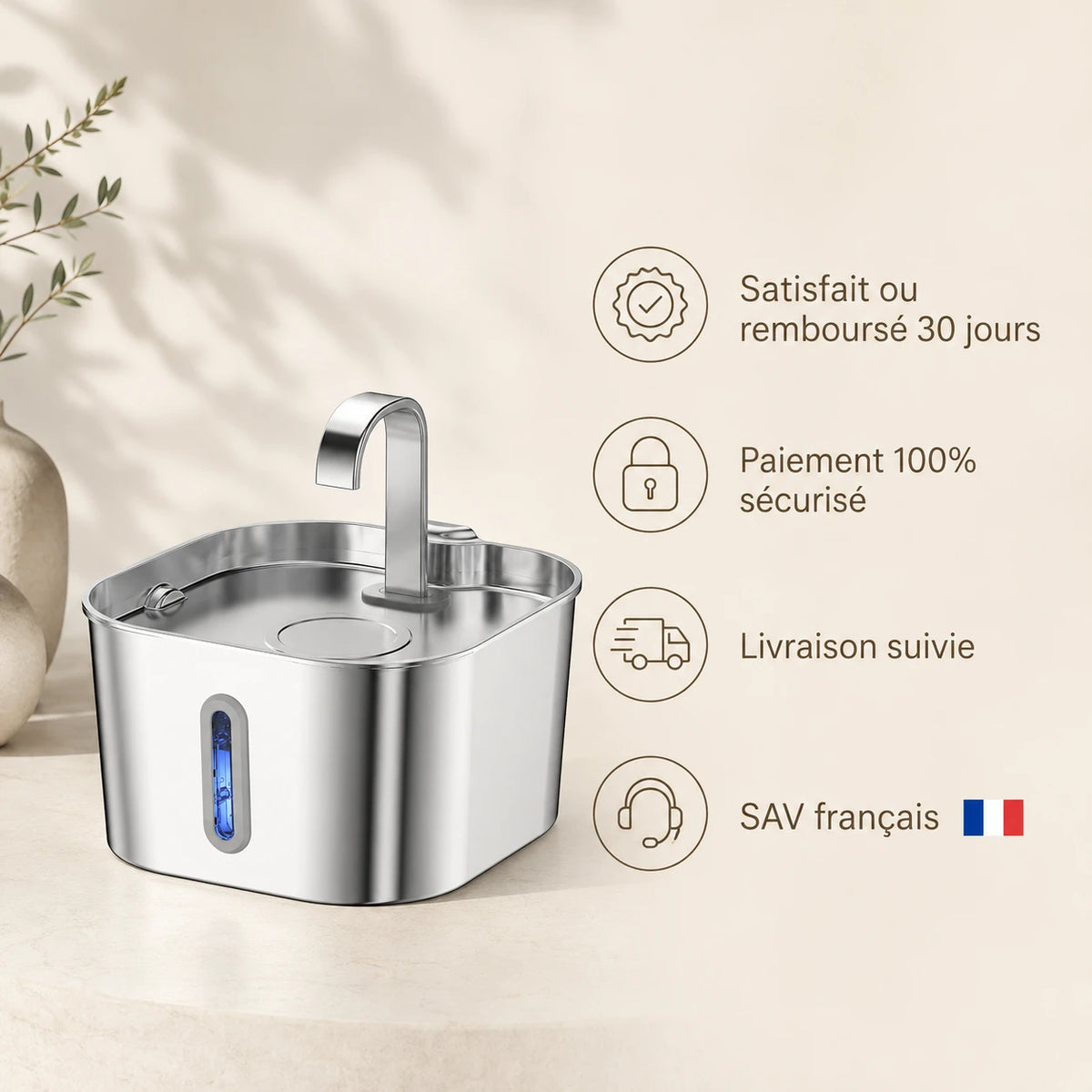 Fontaine inox bec robinet arche carrée 2,2 L - garanties et SAV français