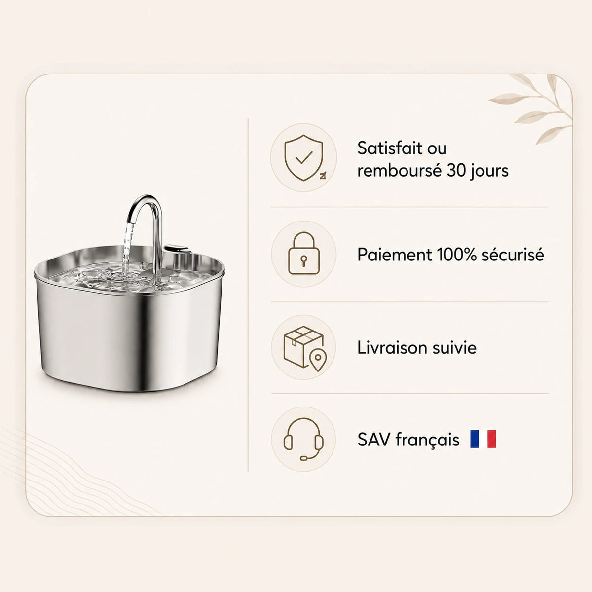 Fontaine inox bec robinet carré 2,2 L - garanties et SAV français
