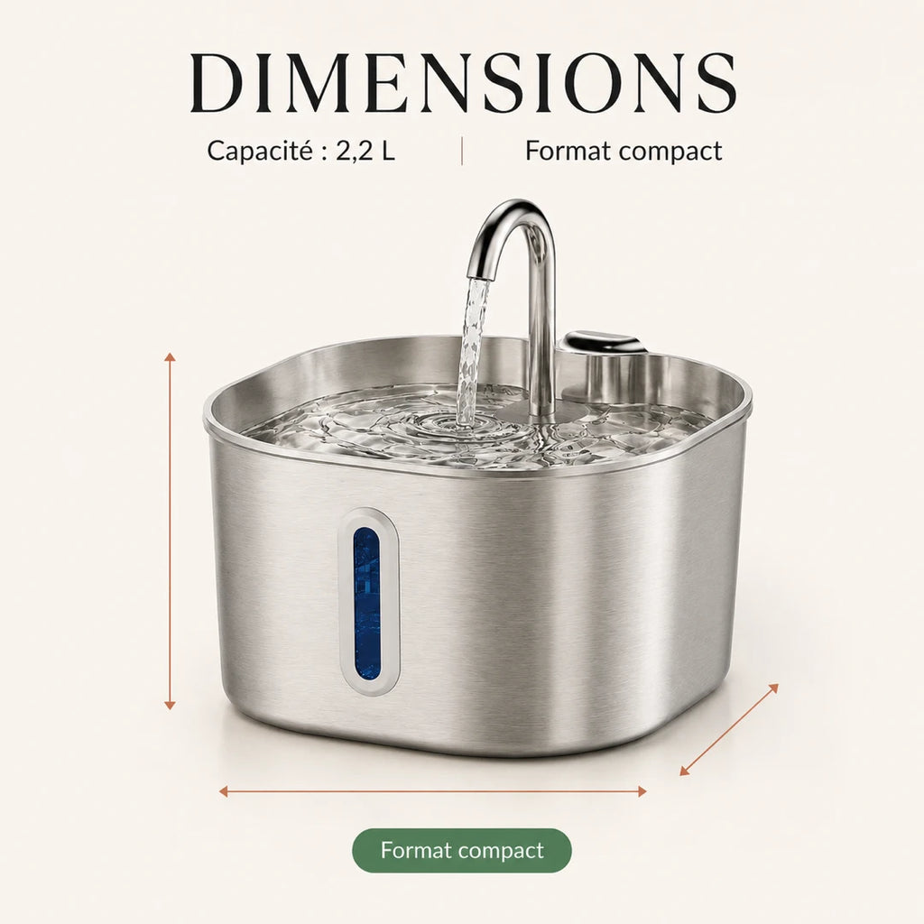 Dimensions fontaine inox bec robinet 2,2 L