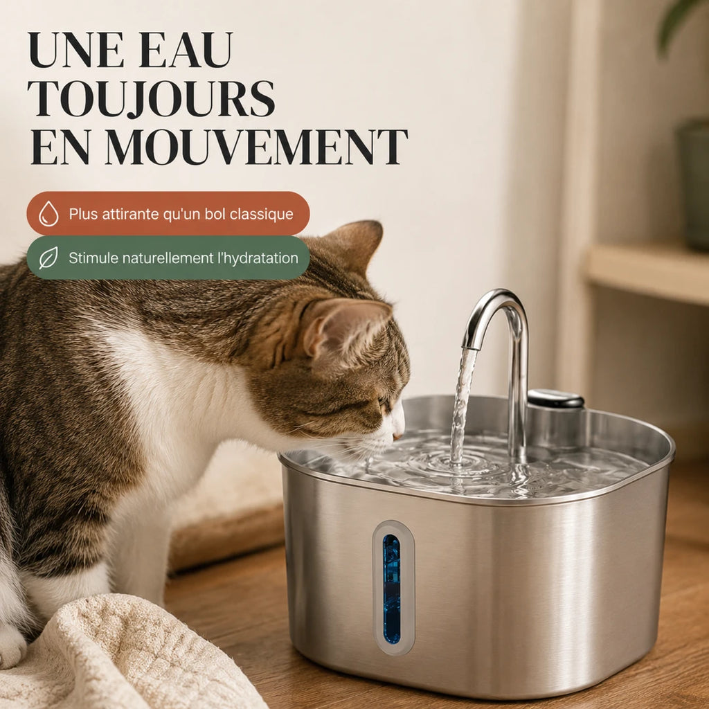 Chat buvant à la fontaine inox bec robinet