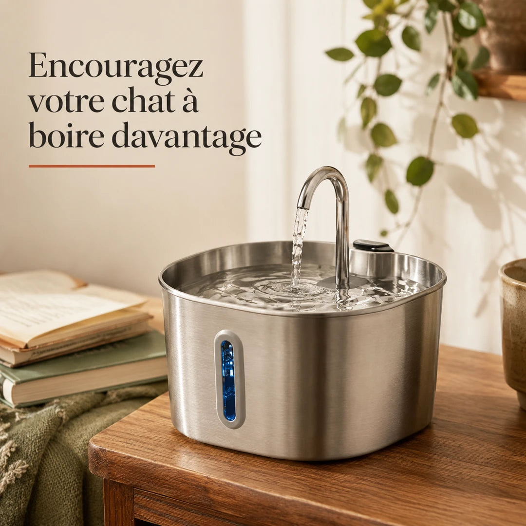 Fontaine inox bec robinet pour chat, eau qui coule du robinet