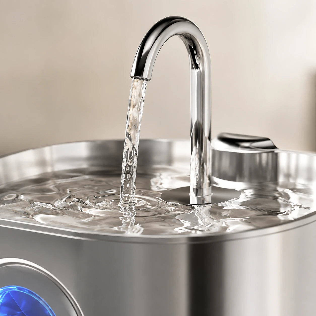 Fontaine inox bec robinet à hublot LED 2,2 L - filet d'eau en marche