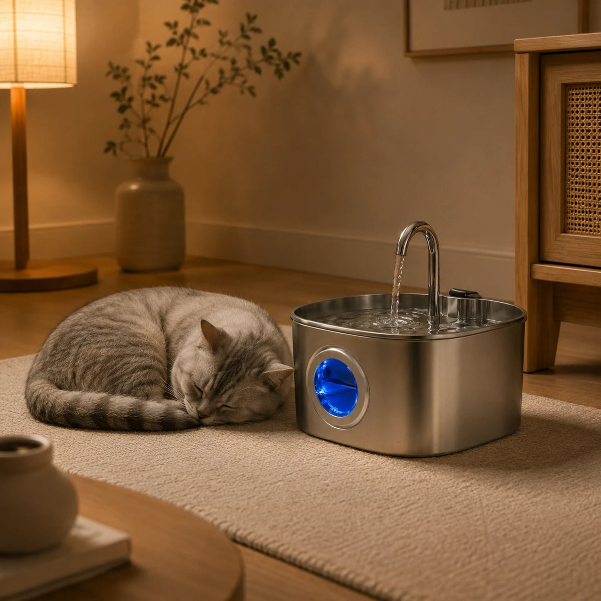 Fontaine inox bec robinet à hublot LED 2,2 L - silencieuse, chat qui dort
