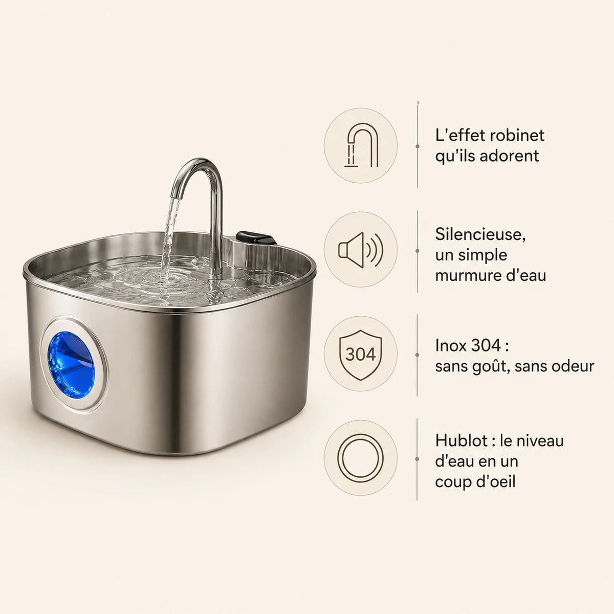 Fontaine inox bec robinet à hublot LED 2,2 L - bénéfices