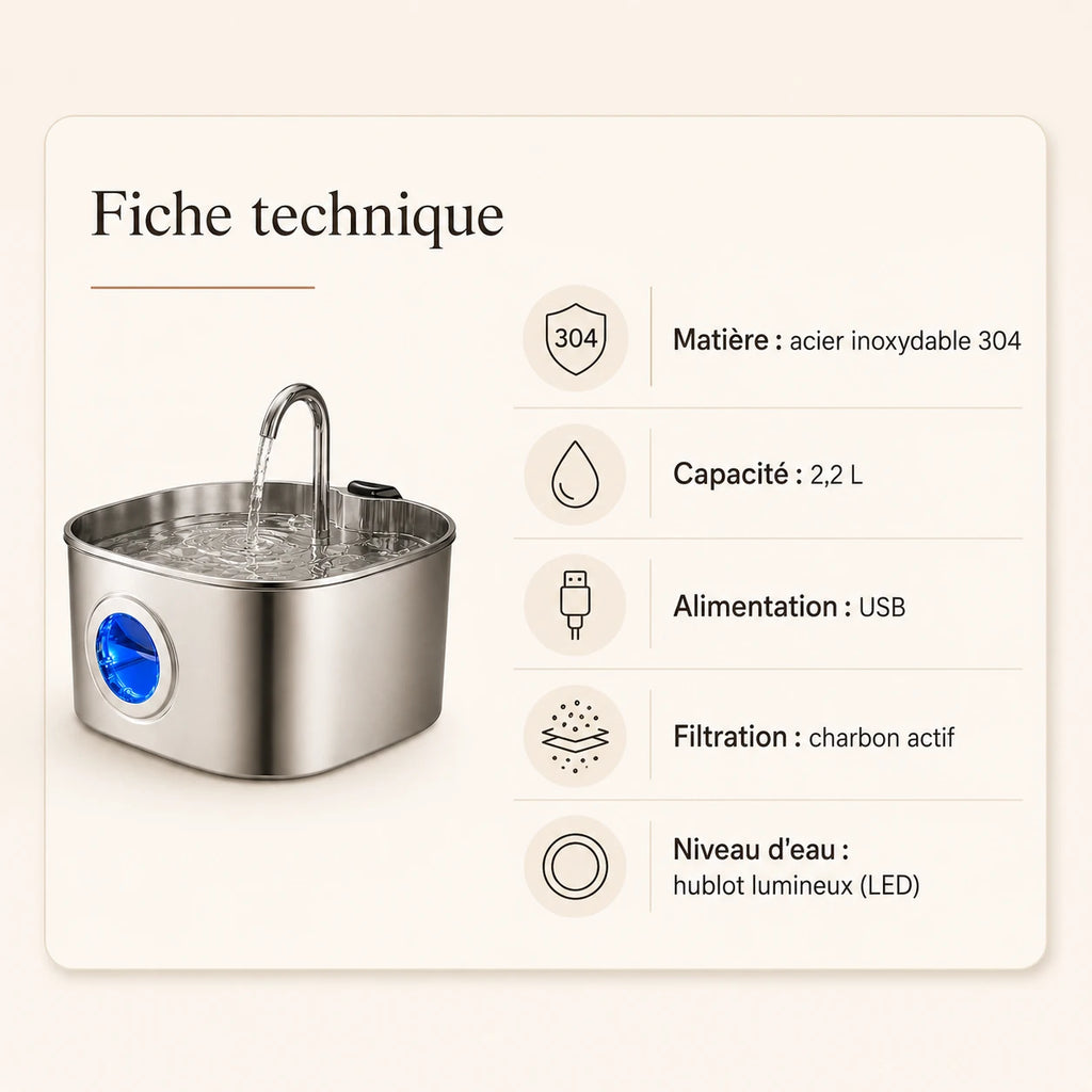 Fontaine inox bec robinet à hublot LED 2,2 L - caractéristiques techniques