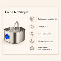 Fontaine inox bec robinet à hublot LED 2,2 L - caractéristiques techniques