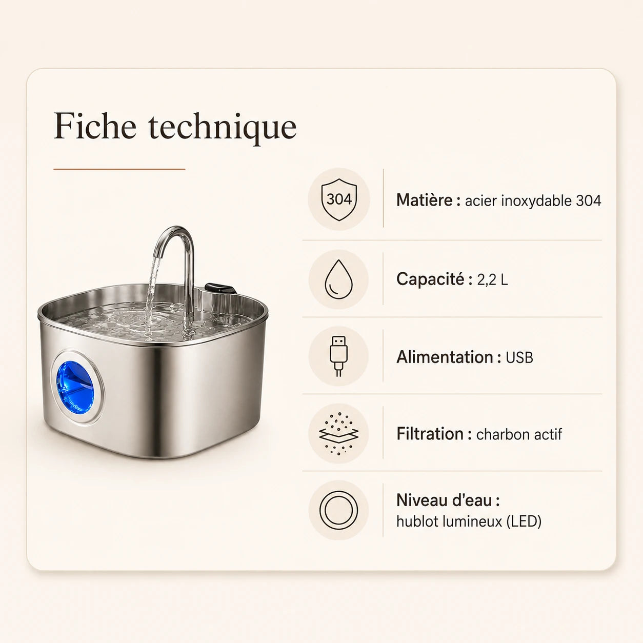 Fontaine inox bec robinet à hublot LED 2,2 L - caractéristiques techniques