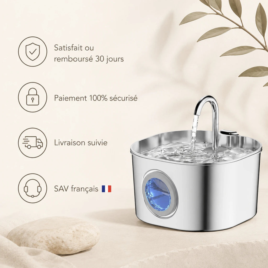 Fontaine inox bec robinet à hublot LED 2,2 L - garanties et SAV français
