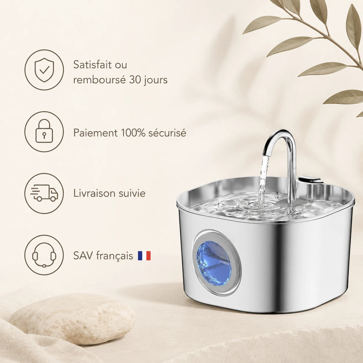 Fontaine inox bec robinet à hublot LED 2,2 L - garanties et SAV français