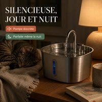 Fontaine inox silencieuse, chat endormi à côté