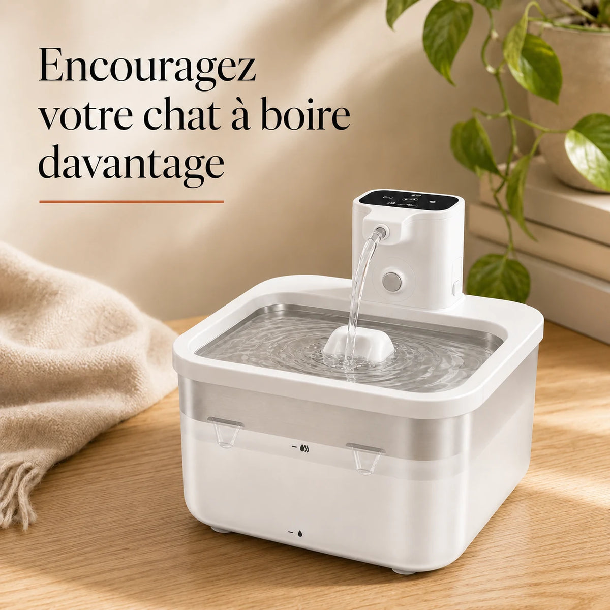 Fontaine à eau en inox blanche DownyPaws 2,5 L posée sur une table en bois clair