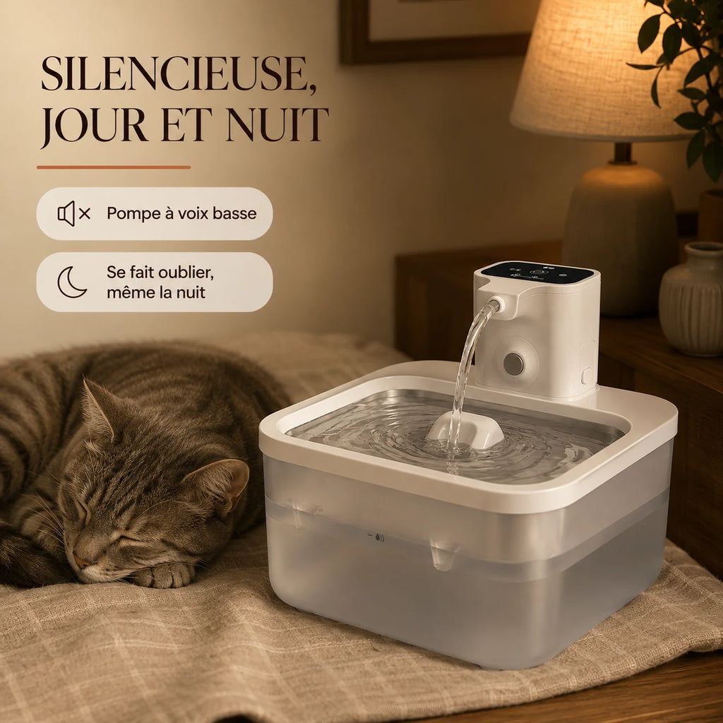 Fontaine inox blanche DownyPaws silencieuse à côté d'un chat endormi