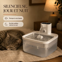 Fontaine inox blanche DownyPaws silencieuse à côté d'un chat endormi