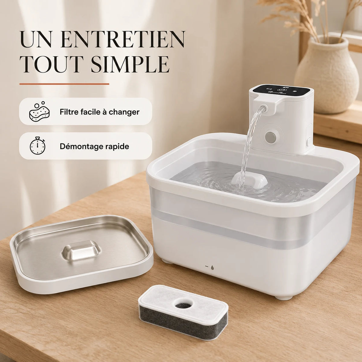 Fontaine inox blanche DownyPaws démontée avec sa cartouche de filtre
