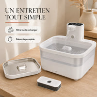 Fontaine inox blanche DownyPaws démontée avec sa cartouche de filtre