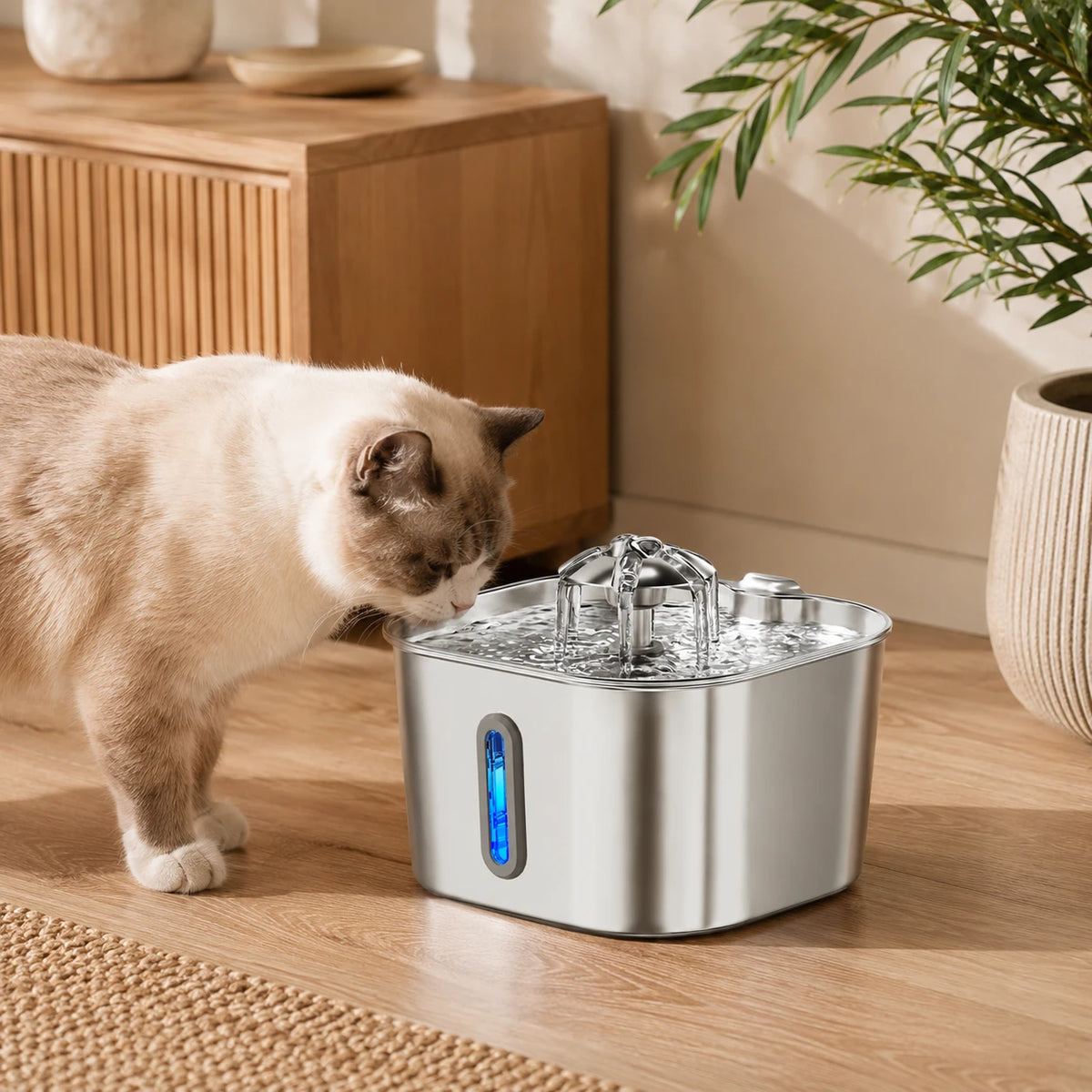 Fontaine inox cascade fleur à hublot LED 2,2 L - en situation dans un intérieur