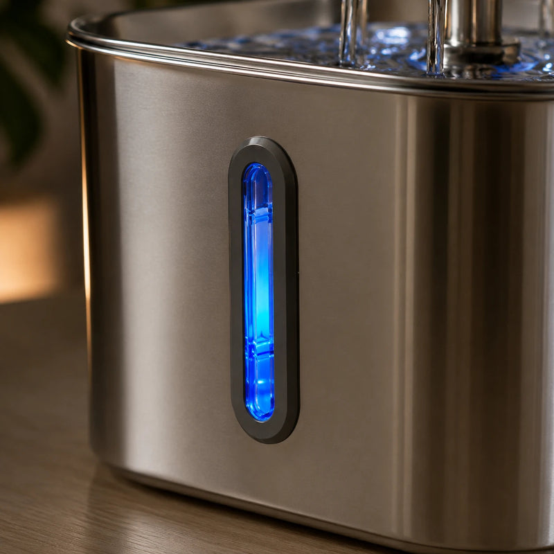 Fontaine inox cascade fleur à hublot LED 2,2 L - hublot LED niveau d'eau