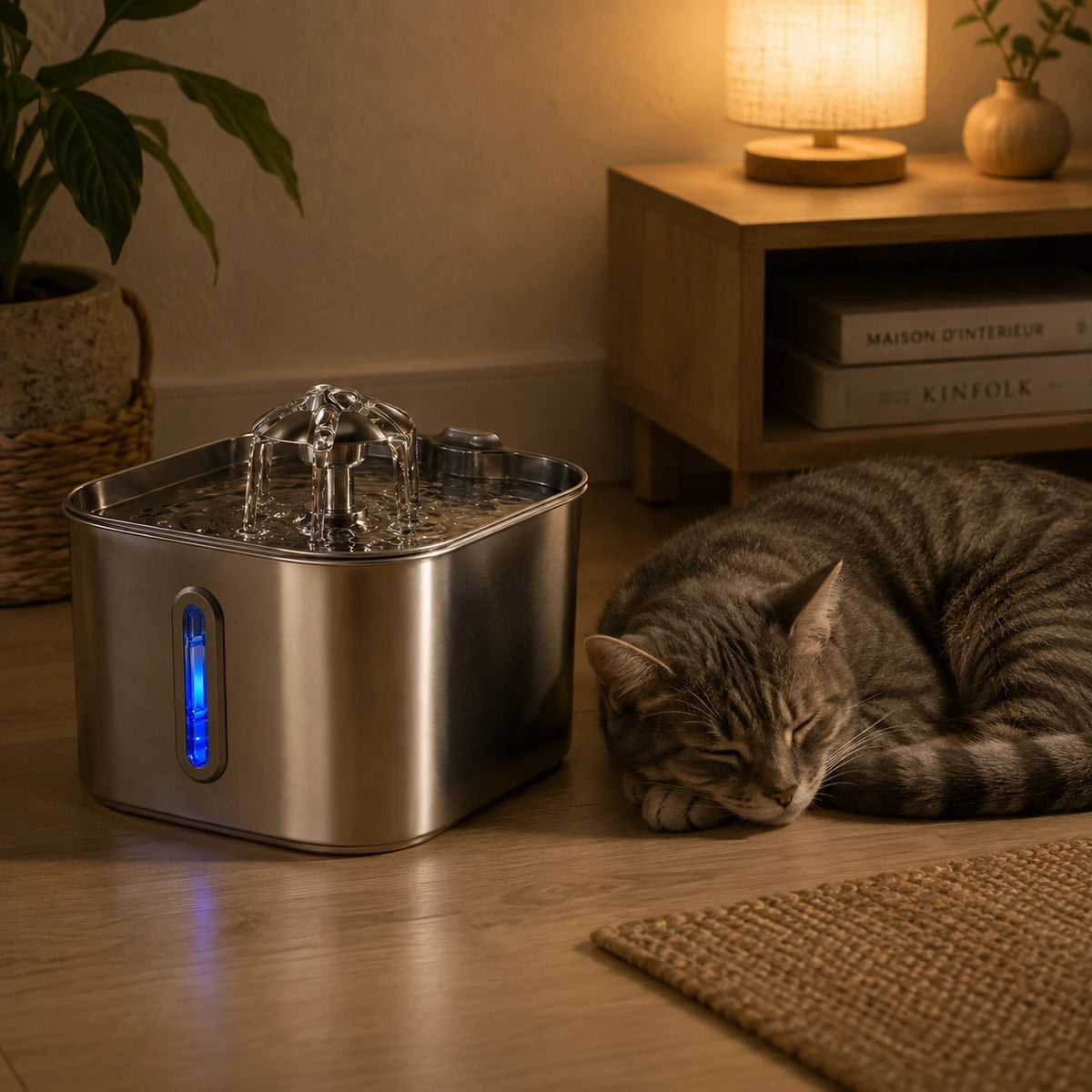 Fontaine inox cascade fleur à hublot LED 2,2 L - silencieuse, chat qui dort