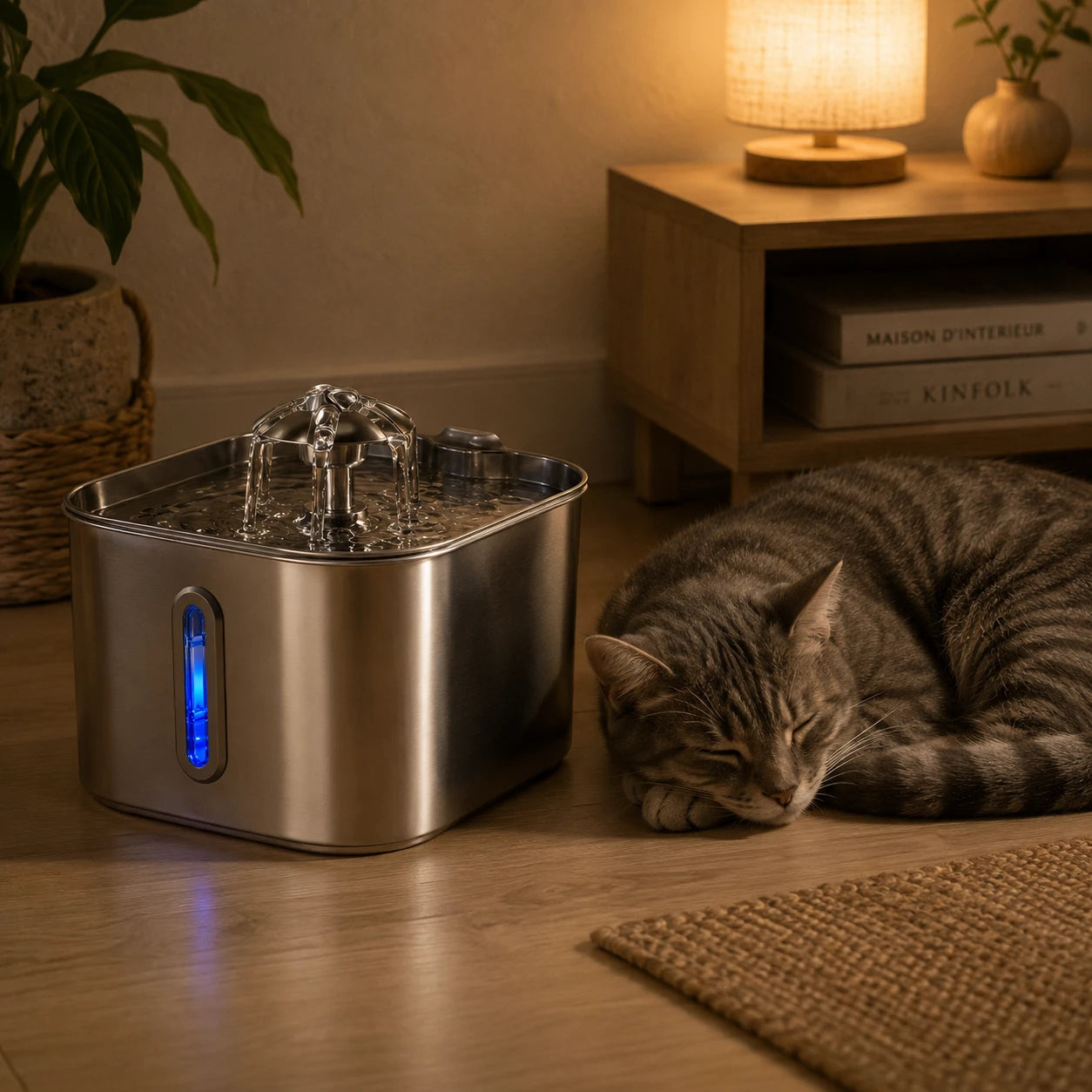 Fontaine inox cascade fleur à hublot LED 2,2 L - silencieuse, chat qui dort
