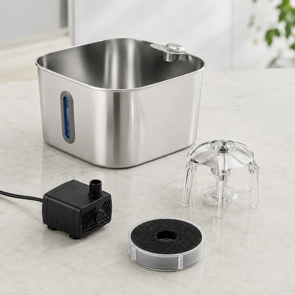 Fontaine inox cascade fleur à hublot LED 2,2 L - entretien facile, démontée