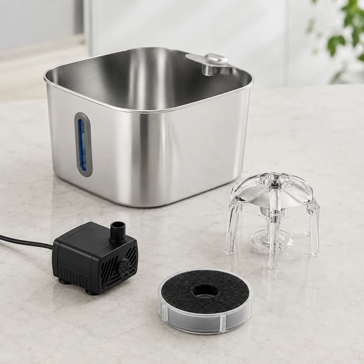 Fontaine inox cascade fleur à hublot LED 2,2 L - entretien facile, démontée