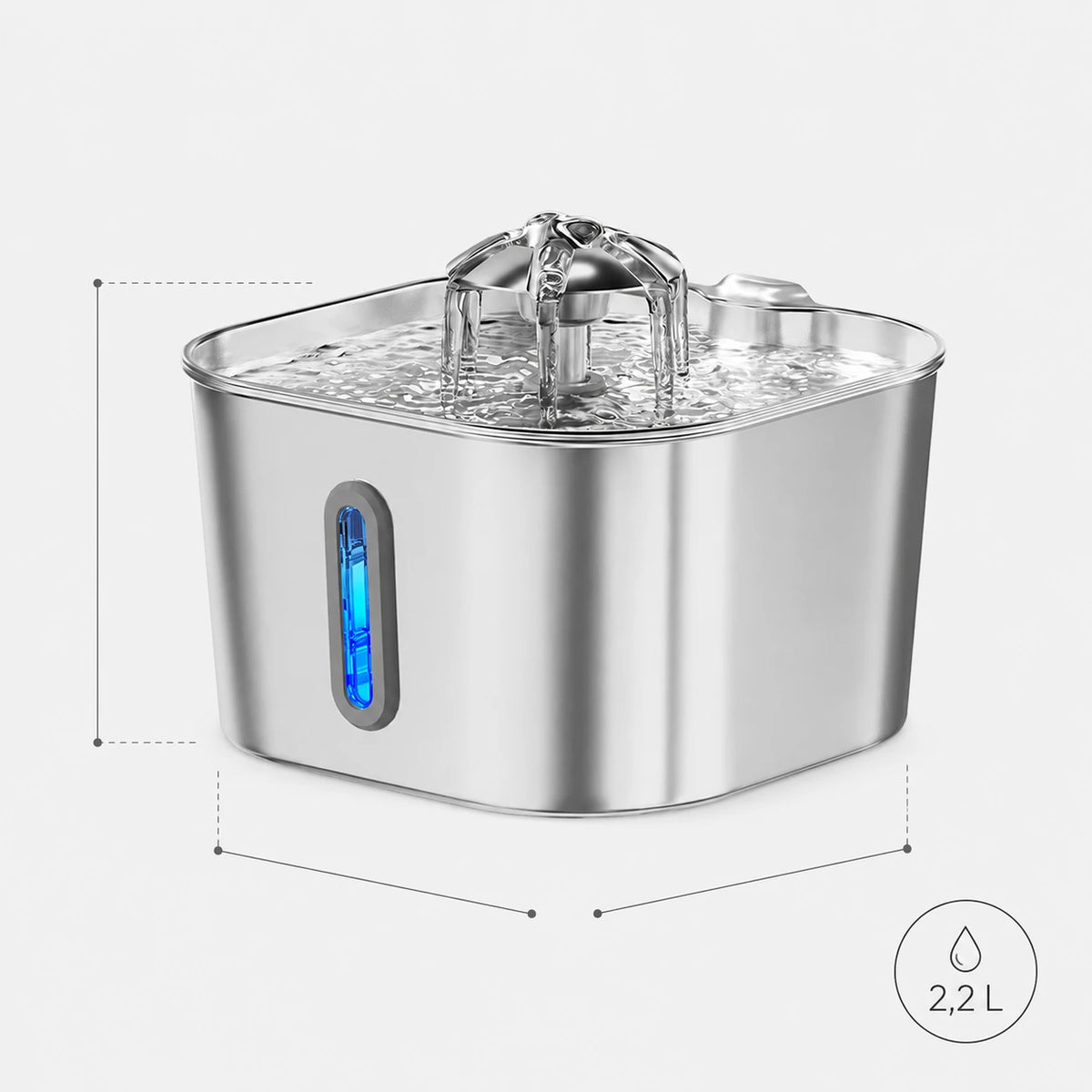 Fontaine inox cascade fleur à hublot LED 2,2 L - dimensions et contenance 2,2 L