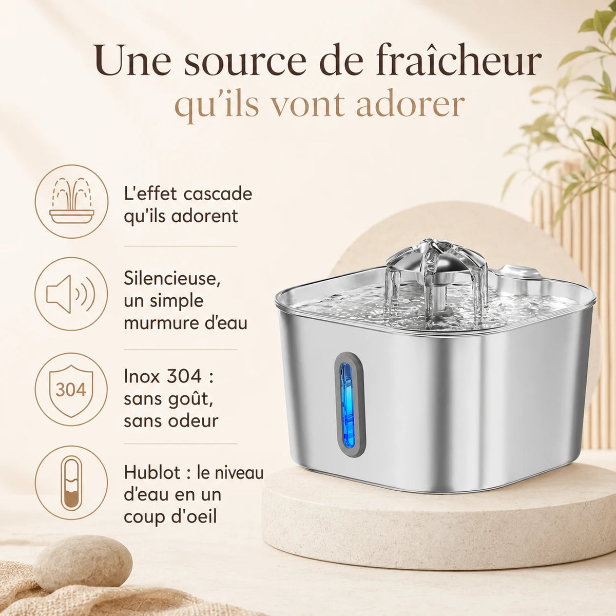 Fontaine inox cascade fleur à hublot LED 2,2 L - bénéfices
