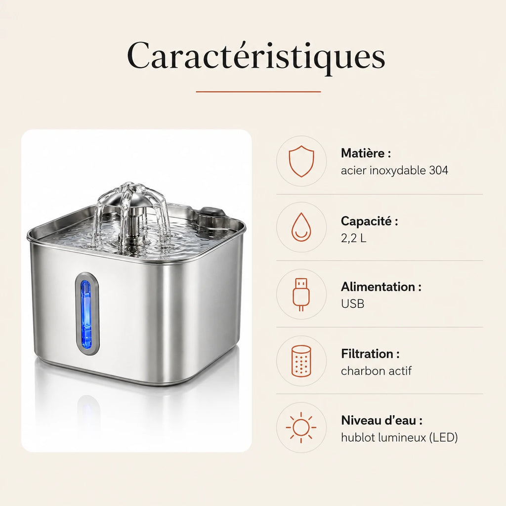 Fontaine inox cascade fleur à hublot LED 2,2 L - caractéristiques techniques