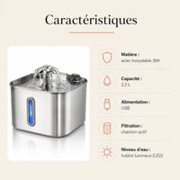 Fontaine inox cascade fleur à hublot LED 2,2 L - caractéristiques techniques