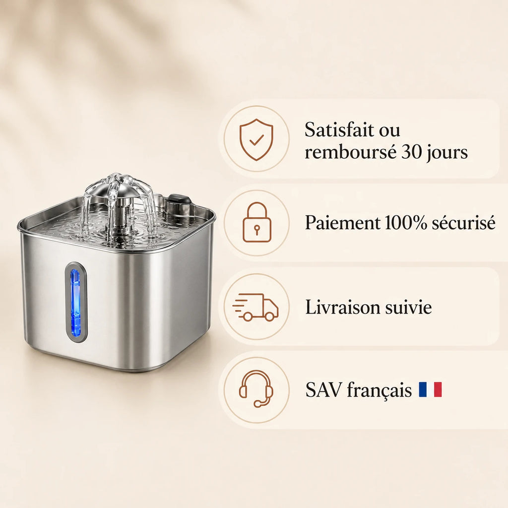 Fontaine inox cascade fleur à hublot LED 2,2 L - garanties et SAV français