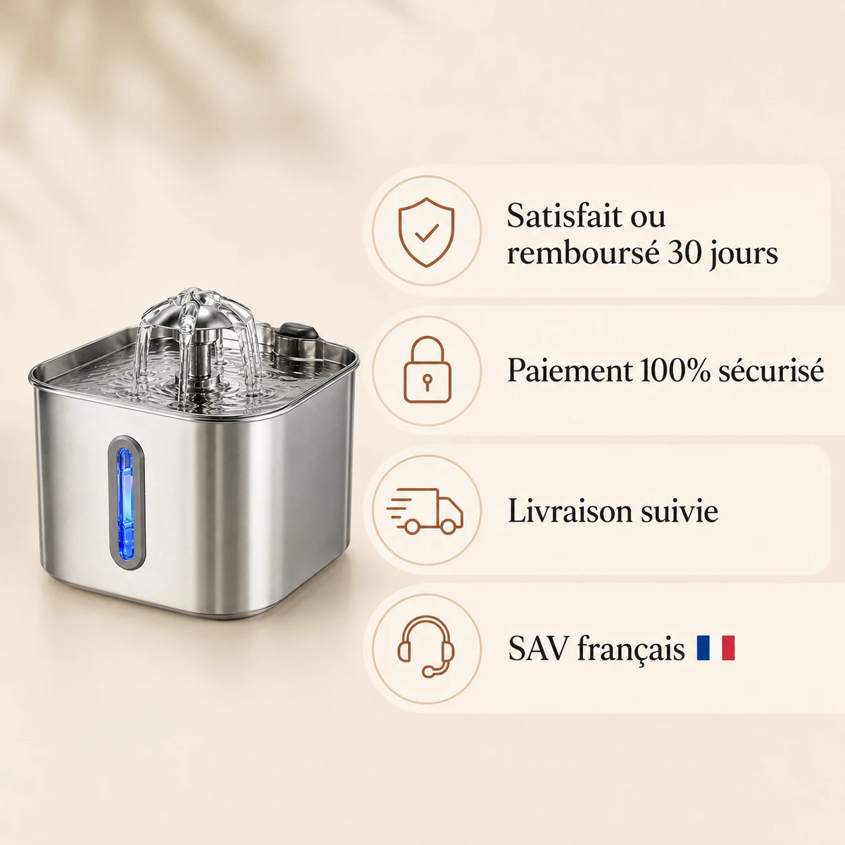 Fontaine inox cascade fleur à hublot LED 2,2 L - garanties et SAV français