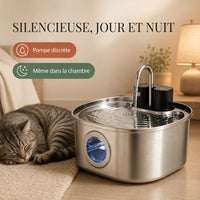 Fontaine à chat silencieuse FlowArc à pompe discrète, jour et nuit