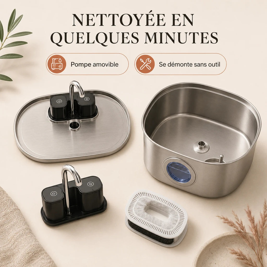 Fontaine FlowArc démontable à pompe amovible, nettoyage facile