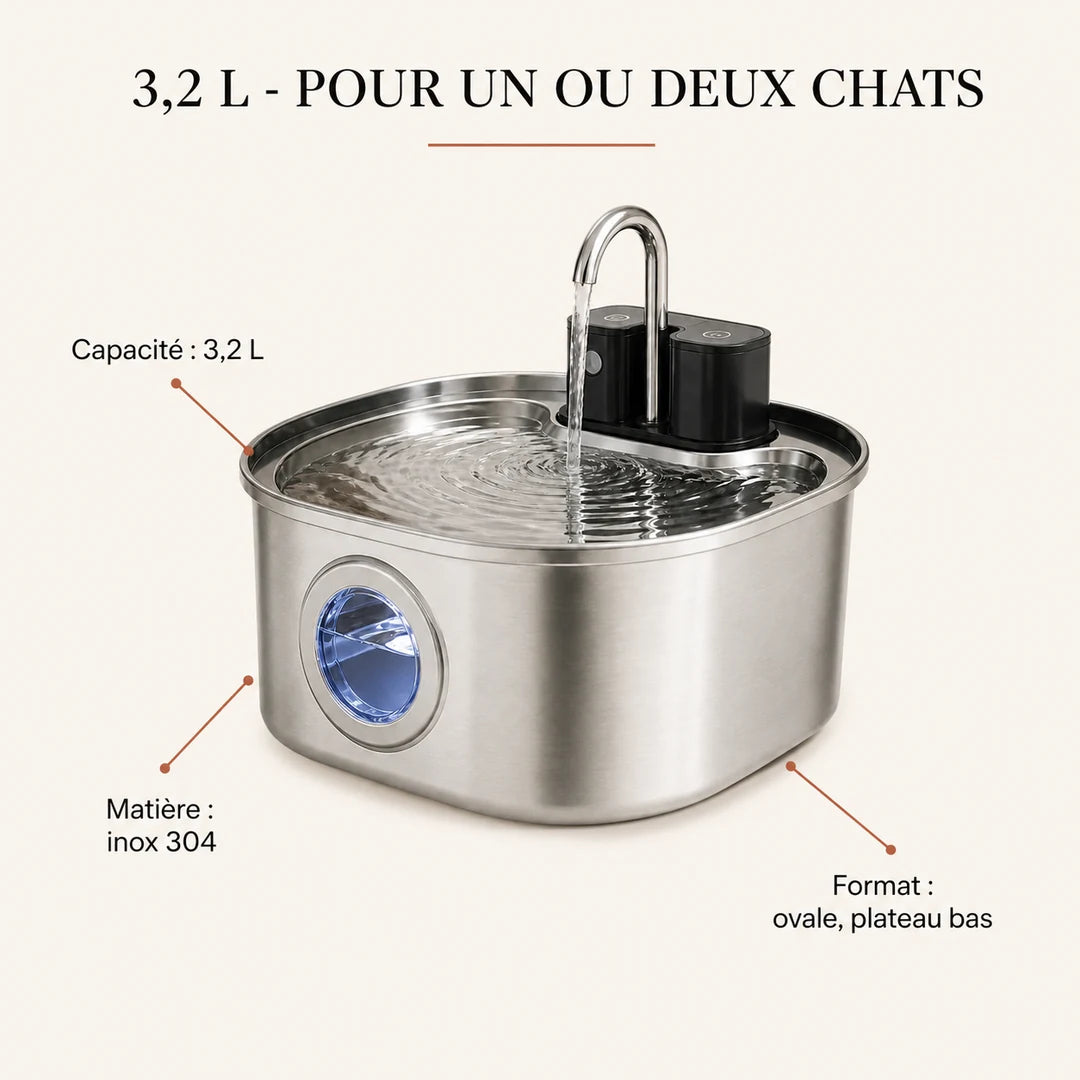 Fontaine à chat FlowArc 3,2 L en inox pour un ou deux chats
