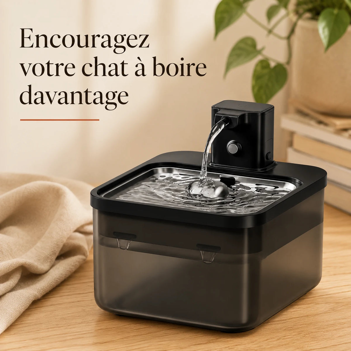 Fontaine à eau pour chat en inox noir 2,5 L sans fil posée sur une table en bois