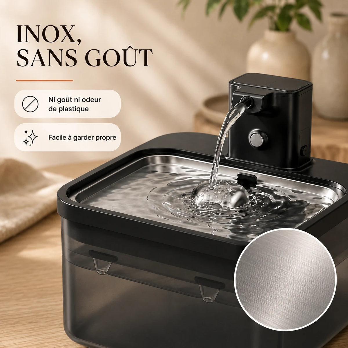 Plateau en inox brossé de la fontaine à eau noire 2,5 L pour chat