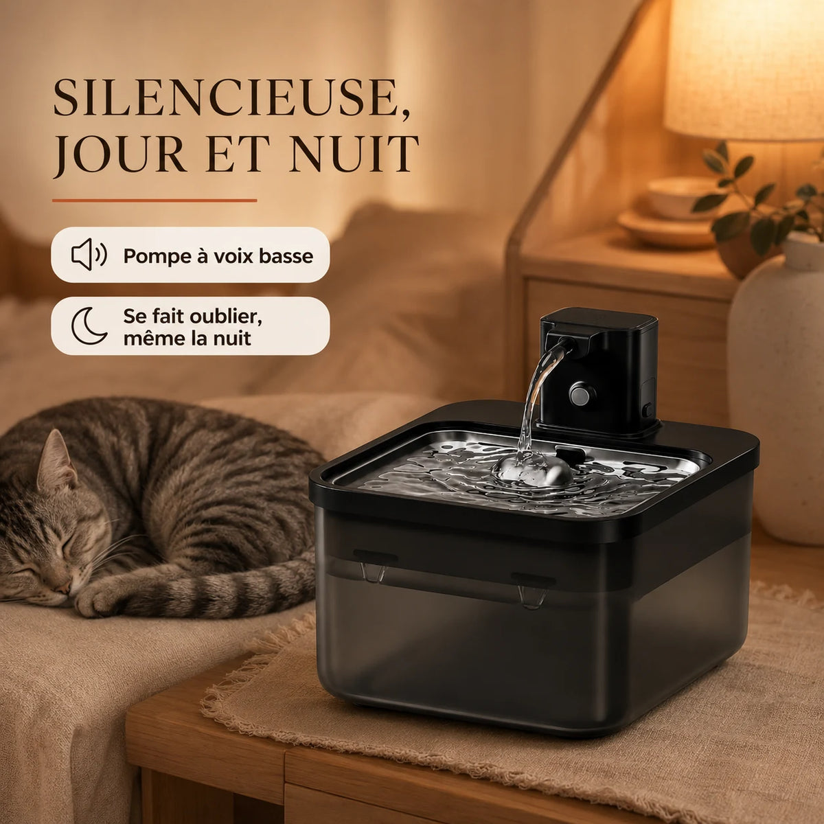 Fontaine inox noir silencieuse à côté d'un chat endormi